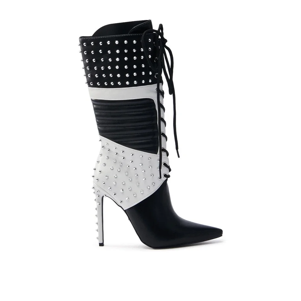 Azalea Wang Studded Lace Up Mid‎ Calf Boots Black White Stiletto Heel Statement